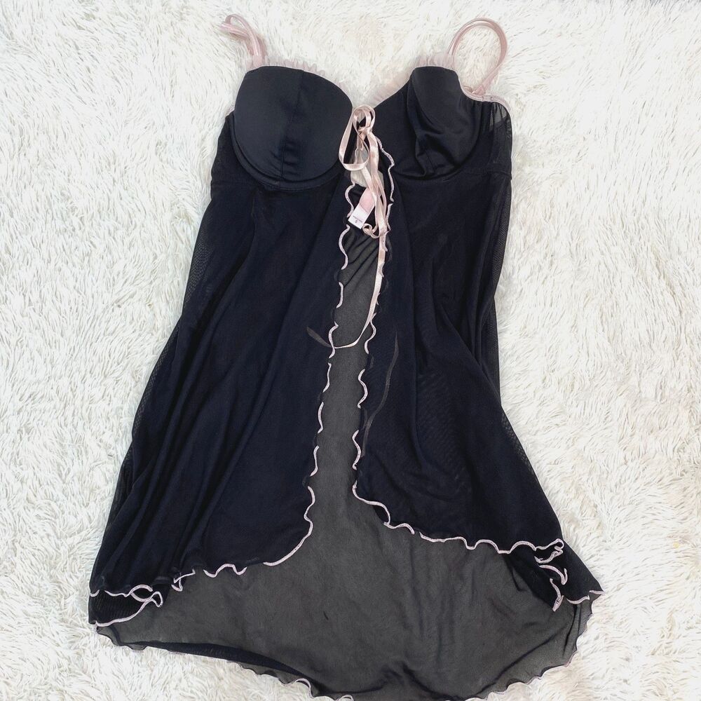 Victoria's Secret Black Pink Sheer Small Bra Front Clasp Bow Chemise Lingerie